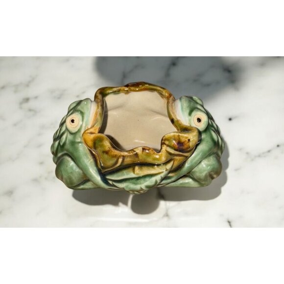 Vintage Majolica Frog Art Pottery Planter Ashtray Water Lily Green - Picture 2 of 7